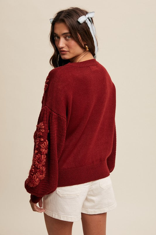 Flower Detail Sweater - Crimson-Sweater- Hometown Style HTS, women's in store and online boutique located in Ingersoll, Ontario