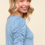 Round Neck Shirring Detail Top - Blue-Tops- Hometown Style HTS, women's in store and online boutique located in Ingersoll, Ontario