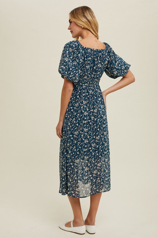 Floral Front Tie Midi Dress - Teal-dress- Hometown Style HTS, women's in store and online boutique located in Ingersoll, Ontario