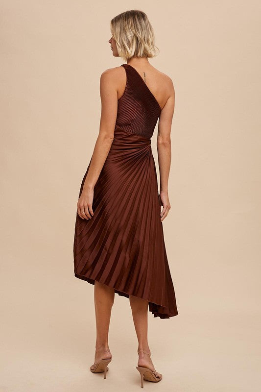 One Shoulder Pleated Dress - Copper-Dress- Hometown Style HTS, women's in store and online boutique located in Ingersoll, Ontario
