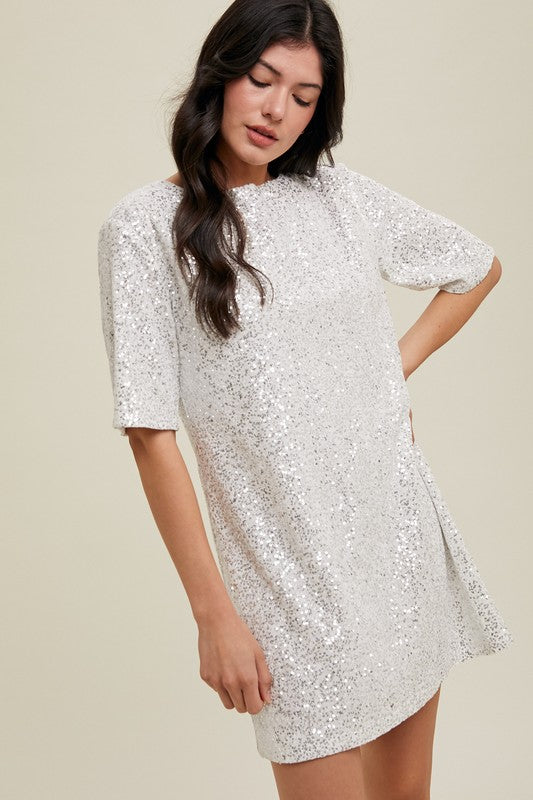 Sequin Open Back Mini Dress - White-Dress- Hometown Style HTS, women's in store and online boutique located in Ingersoll, Ontario