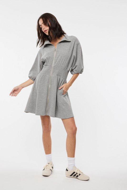 Puff Sleeve Knit Mini Dress - Grey-Casual Dresses- Hometown Style HTS, women's in store and online boutique located in Ingersoll, Ontario