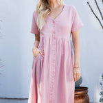 Cotton Button Down Midi Dress - Pink-dress- Hometown Style HTS, women's in store and online boutique located in Ingersoll, Ontario
