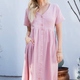 Cotton Button Down Midi Dress - Pink-dress- Hometown Style HTS, women's in store and online boutique located in Ingersoll, Ontario