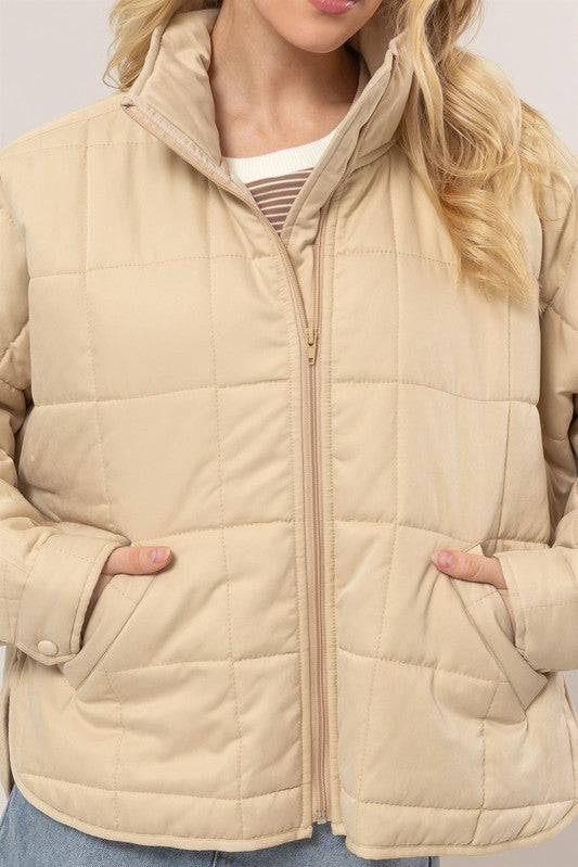 Quilted Puffer Jacket - Beige-Coats & Jackets- Hometown Style HTS, women's in store and online boutique located in Ingersoll, Ontario