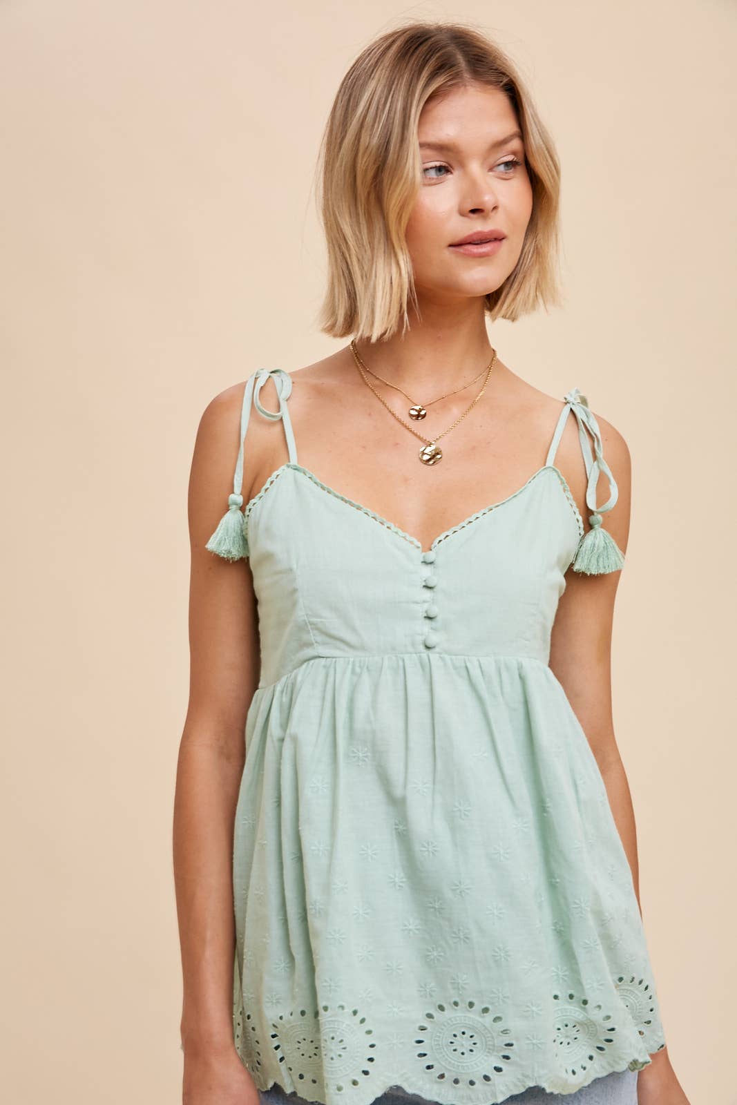 Tassle Tie Strap Cotton Cami - Green-Tops- Hometown Style HTS, women's in store and online boutique located in Ingersoll, Ontario