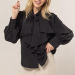 Tie Neck Ruffle Blouse - Black-blouse- Hometown Style HTS, women's in store and online boutique located in Ingersoll, Ontario