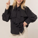 Tie Neck Ruffle Blouse - Black-blouse- Hometown Style HTS, women's in store and online boutique located in Ingersoll, Ontario