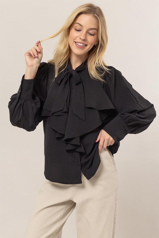 Tie Neck Ruffle Blouse - Black-blouse- Hometown Style HTS, women's in store and online boutique located in Ingersoll, Ontario