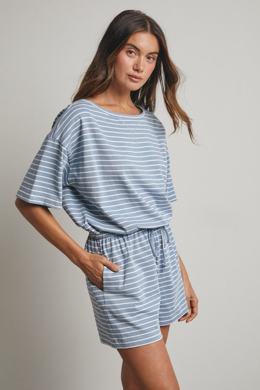 Striped Romper - Blue-Shorts- Hometown Style HTS, women's in store and online boutique located in Ingersoll, Ontario