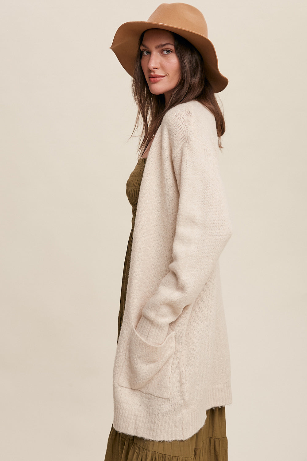 Open Front, Two Pocket Cardigan - Natural-Sweater- Hometown Style HTS, women's in store and online boutique located in Ingersoll, Ontario