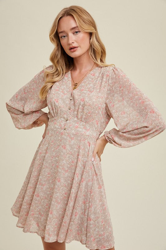 Floral Button Up Mini Dress - Taupe-Dress- Hometown Style HTS, women's in store and online boutique located in Ingersoll, Ontario