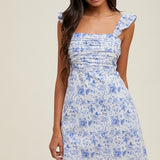 Floral Ruffle Sleeve Mini Dress - Blue-Special Occasion Dress- Hometown Style HTS, women's in store and online boutique located in Ingersoll, Ontario