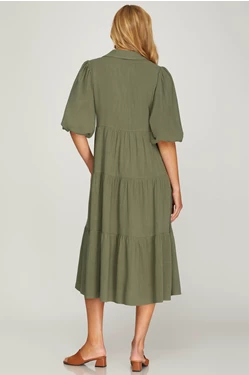 Button Down Tiered Midi Dress - Olive-Dress- Hometown Style HTS, women's in store and online boutique located in Ingersoll, Ontario