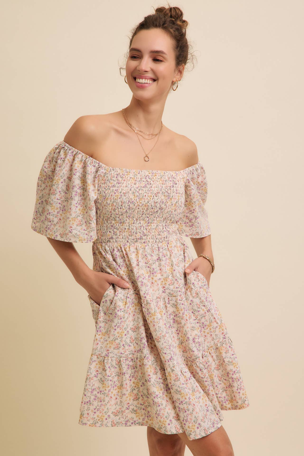 Floral Smocked Dress - Cream-dress- Hometown Style HTS, women's in store and online boutique located in Ingersoll, Ontario