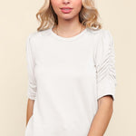 Round Neck Shirring Detail Top - White-Tops- Hometown Style HTS, women's in store and online boutique located in Ingersoll, Ontario