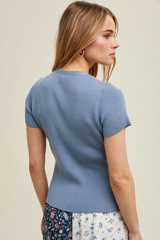 Ribbed Button-Up Knit Sweater - Blue-Sweater- Hometown Style HTS, women's in store and online boutique located in Ingersoll, Ontario