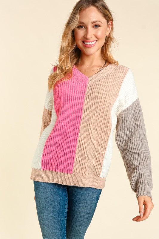 Colour Block, V Neck Sweater - Pink-Sweater- Hometown Style HTS, women's in store and online boutique located in Ingersoll, Ontario
