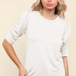 Round Neck Shirring Detail Top - White-Tops- Hometown Style HTS, women's in store and online boutique located in Ingersoll, Ontario