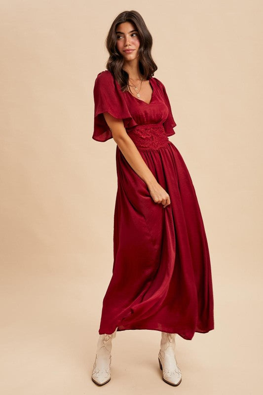 Washed Satin Lace Maxi - Cranberry-Special Occasion Dresses- Hometown Style HTS, women's in store and online boutique located in Ingersoll, Ontario