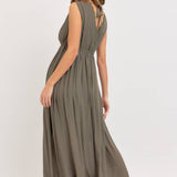 Deep V Neckline Maxi Dress - Olive-dress- Hometown Style HTS, women's in store and online boutique located in Ingersoll, Ontario