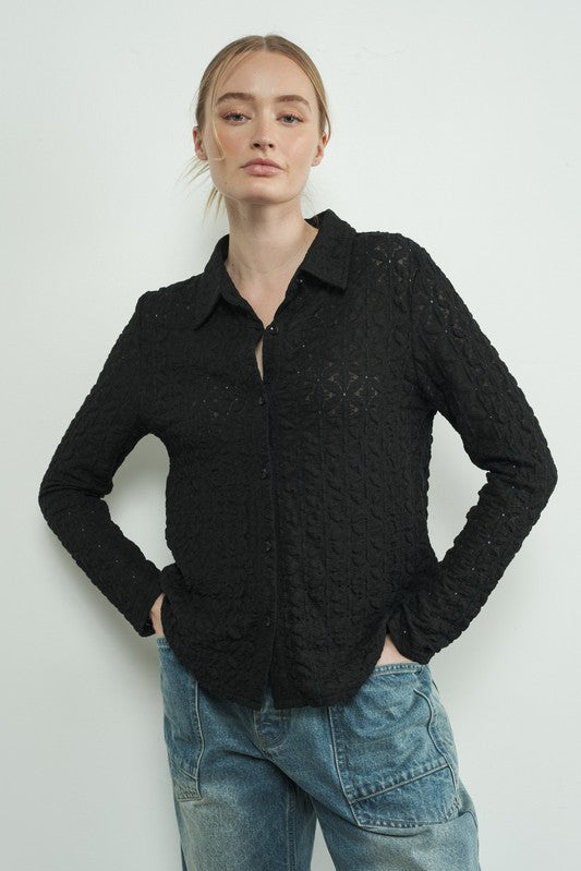 Floral Lace Button Up - Black-Tops- Hometown Style HTS, women's in store and online boutique located in Ingersoll, Ontario