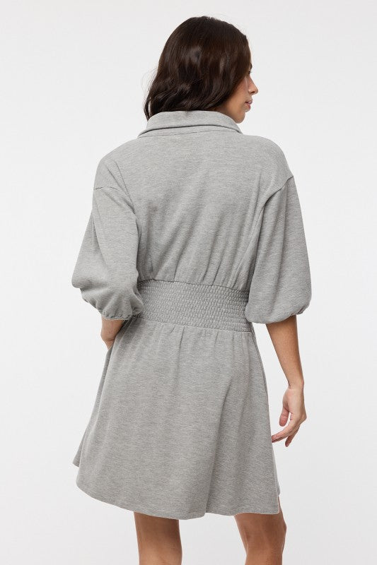 Puff Sleeve Knit Mini Dress - Grey-Casual Dresses- Hometown Style HTS, women's in store and online boutique located in Ingersoll, Ontario