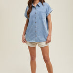 Cuff Sleeve Button Up - Denim-casual shirt- Hometown Style HTS, women's in store and online boutique located in Ingersoll, Ontario