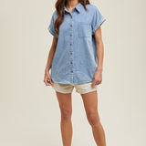 Cuff Sleeve Button Up - Denim-casual shirt- Hometown Style HTS, women's in store and online boutique located in Ingersoll, Ontario