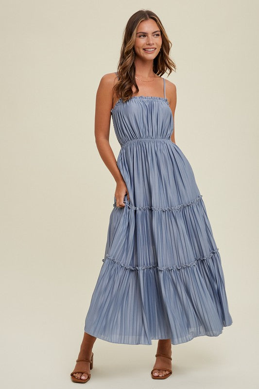 Pleated Tiered Maxi Dress - Blue-Dress- Hometown Style HTS, women's in store and online boutique located in Ingersoll, Ontario