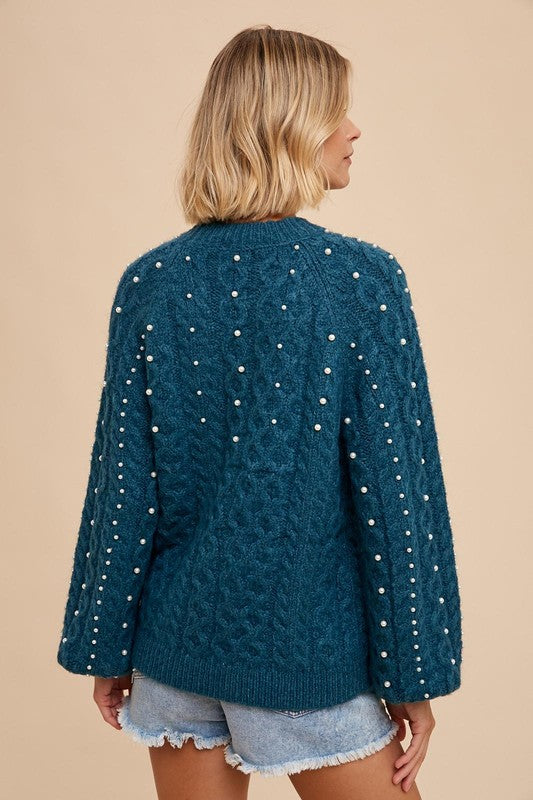 Cable Sweater with Pearl Details - Teal-Sweater- Hometown Style HTS, women's in store and online boutique located in Ingersoll, Ontario