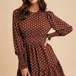 Polka Dot Ruffled Mini Dress - Brown-Special Occasion Dresses- Hometown Style HTS, women's in store and online boutique located in Ingersoll, Ontario