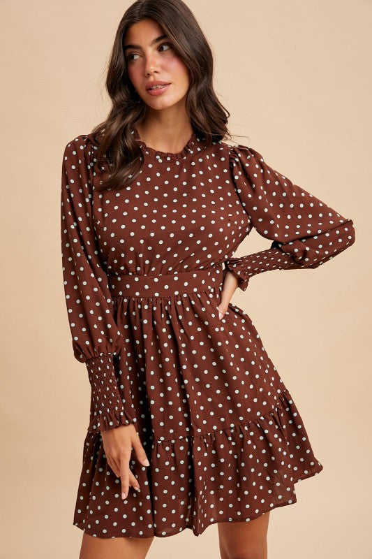 Polka Dot Ruffled Mini Dress - Brown-Special Occasion Dresses- Hometown Style HTS, women's in store and online boutique located in Ingersoll, Ontario