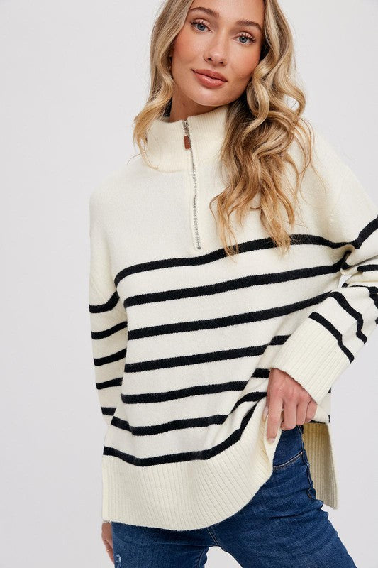 Stripe Quarter Zip - Ivory-Sweater- Hometown Style HTS, women's in store and online boutique located in Ingersoll, Ontario
