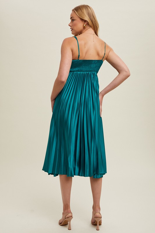 Satin Pleated Midi Dress - Teal Green-dress- Hometown Style HTS, women's in store and online boutique located in Ingersoll, Ontario