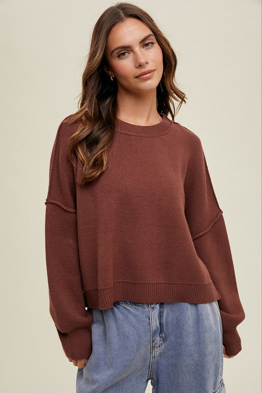 Relaxed Crop Sweater - Espresso-sweater- Hometown Style HTS, women's in store and online boutique located in Ingersoll, Ontario