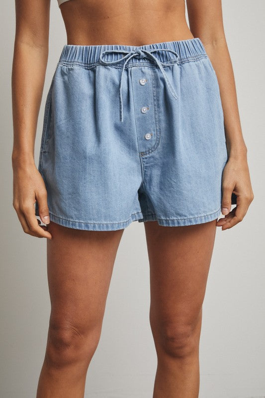 Denim Drawstring Shorts-Shorts- Hometown Style HTS, women's in store and online boutique located in Ingersoll, Ontario
