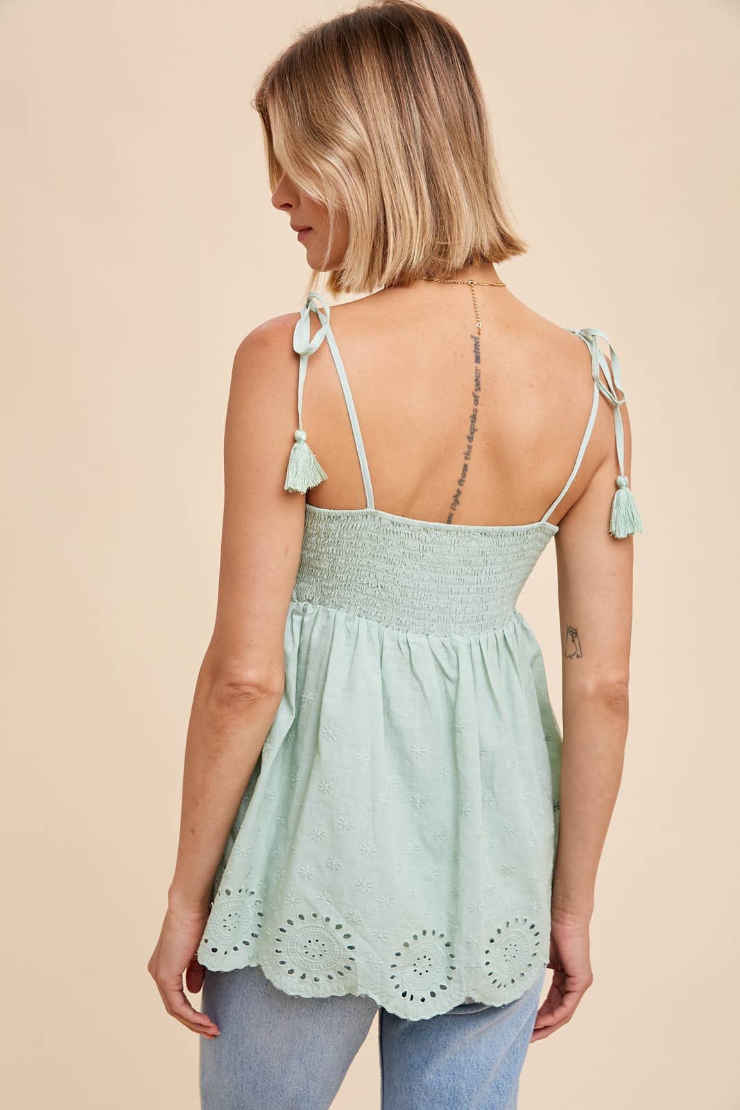 Tassle Tie Strap Cotton Cami - Green-Tops- Hometown Style HTS, women's in store and online boutique located in Ingersoll, Ontario