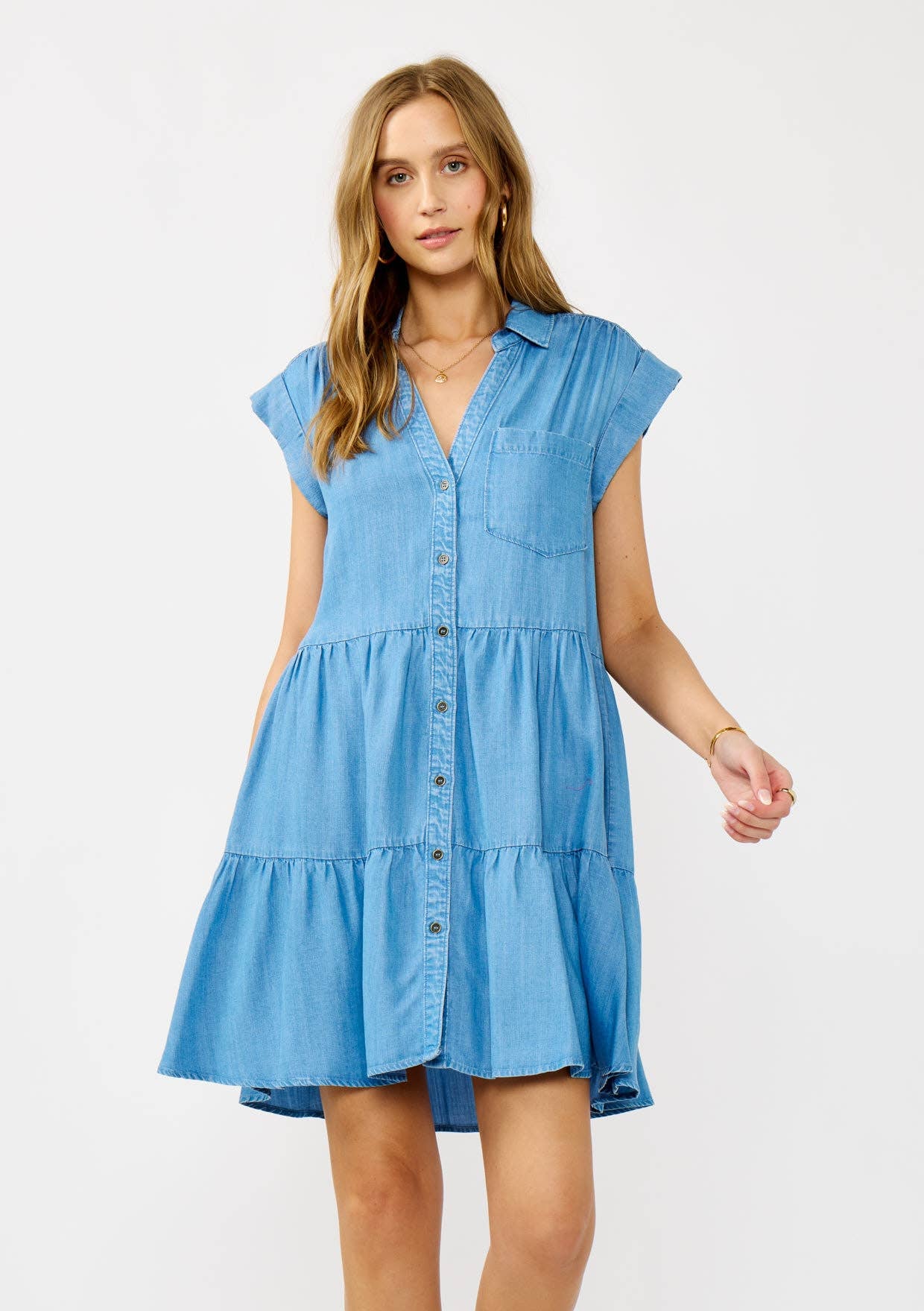 Light Wash Tencel Button-Down Mini Dress-dress- Hometown Style HTS, women's in store and online boutique located in Ingersoll, Ontario