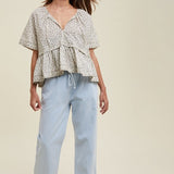 Floral Babydoll Blouse - Charcoal/Cream-blouse- Hometown Style HTS, women's in store and online boutique located in Ingersoll, Ontario