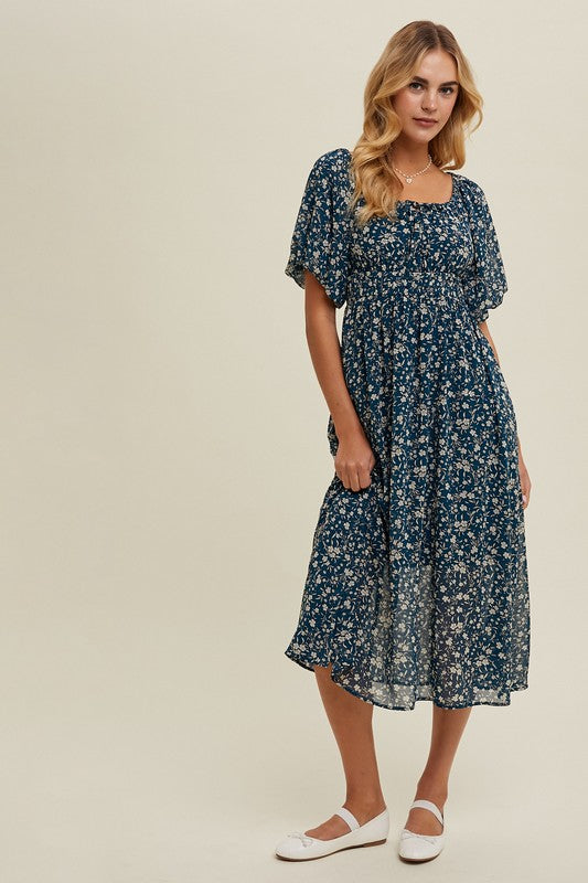 Floral Front Tie Midi Dress - Teal-dress- Hometown Style HTS, women's in store and online boutique located in Ingersoll, Ontario