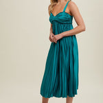 Satin Pleated Midi Dress - Teal Green-dress- Hometown Style HTS, women's in store and online boutique located in Ingersoll, Ontario