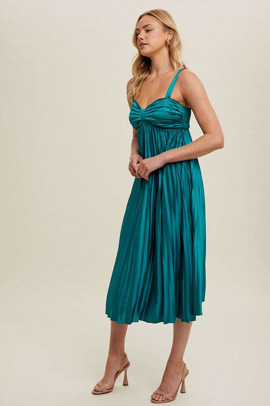 Satin Pleated Midi Dress - Teal Green-dress- Hometown Style HTS, women's in store and online boutique located in Ingersoll, Ontario