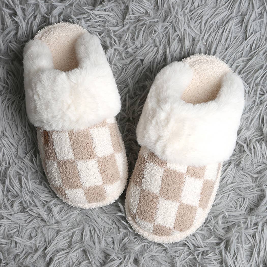 Checkered Faux Fur Cuff Mule Luxury Slipper-slipper- Hometown Style HTS, women's in store and online boutique located in Ingersoll, Ontario
