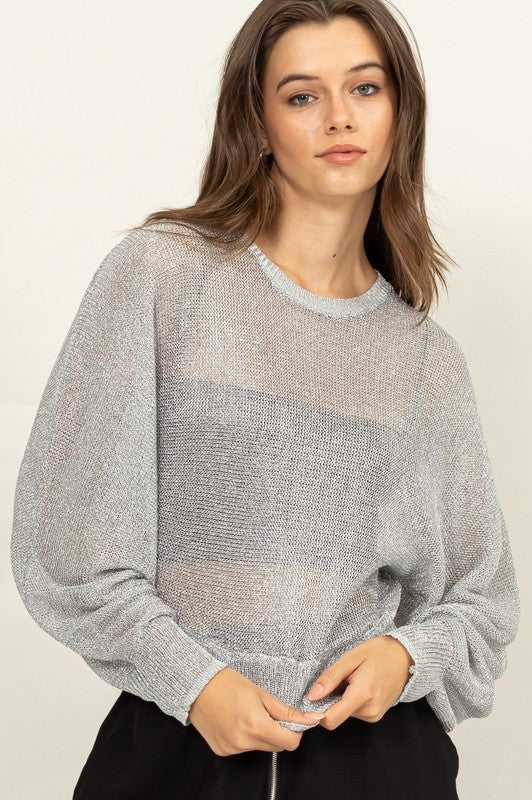 Sheer Dolman Sleeve Sweater - Silver-Sweater- Hometown Style HTS, women's in store and online boutique located in Ingersoll, Ontario