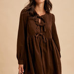 Bow Tie Corduroy Mini Dress - Chocolate-Casual Dresses- Hometown Style HTS, women's in store and online boutique located in Ingersoll, Ontario