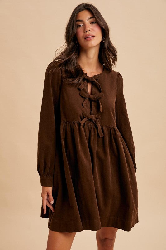 Bow Tie Corduroy Mini Dress - Chocolate-Casual Dresses- Hometown Style HTS, women's in store and online boutique located in Ingersoll, Ontario