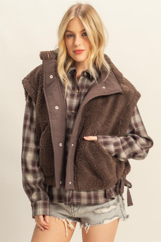 Cozy Sherpa Vest - Brown-vest- Hometown Style HTS, women's in store and online boutique located in Ingersoll, Ontario