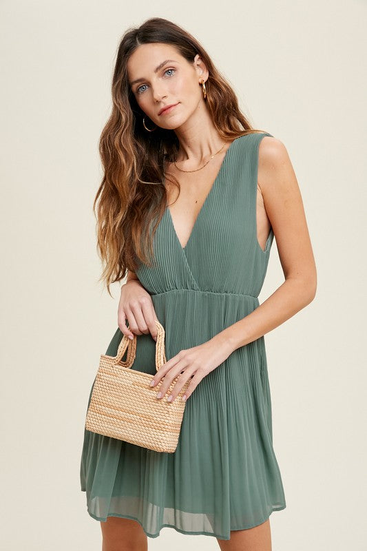 Pleated Mini Dress - Sage-Dress- Hometown Style HTS, women's in store and online boutique located in Ingersoll, Ontario