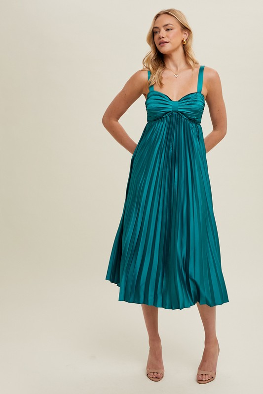 Satin Pleated Midi Dress - Teal Green-dress- Hometown Style HTS, women's in store and online boutique located in Ingersoll, Ontario